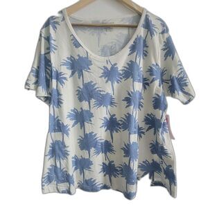 NWT Southern Spirit Womens Tee Shirt Vista Blue Palm Tropical Short Sleeve XXL